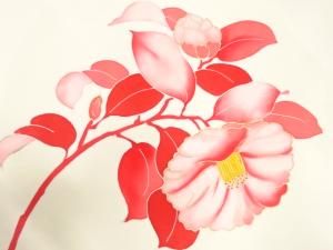 アンティーク　塩瀬　手描き　椿模様名古屋帯